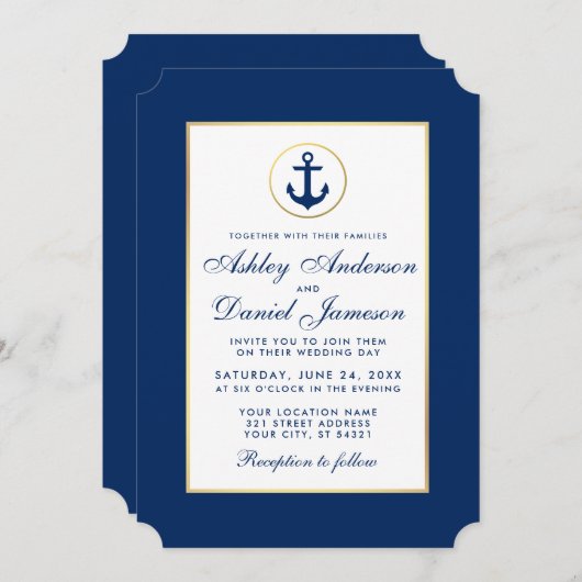 Uitnodiging voor Nautical Wedding Blue Anchor (Voorkant / Achterkant)