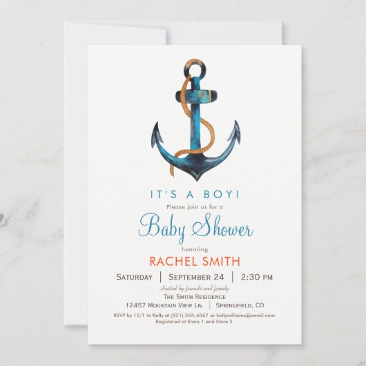 Uitnodiging voor nautisch anker Baby shower (Voorkant)