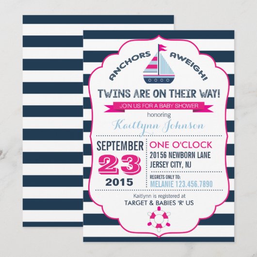 Uitnodiging voor nautisch anker en streep Baby sho (Voorkant / Achterkant)