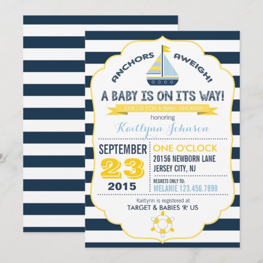 Uitnodiging voor nautisch anker en streep Baby sho (Voorkant / Achterkant)