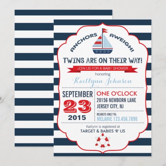 Uitnodiging voor nautisch anker en streep Baby sho (Voorkant / Achterkant)