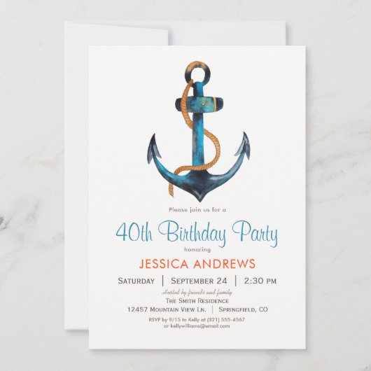 Uitnodiging voor nautisch anker verjaardagsfeest (Voorkant)