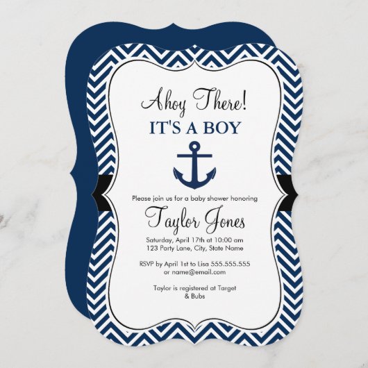 Uitnodiging voor nautisch wit en marineblauw Baby  (Voorkant / Achterkant)