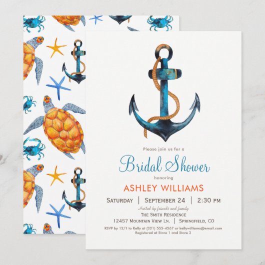 Uitnodiging voor nautische anker bruidsdouche (Voorkant / Achterkant)