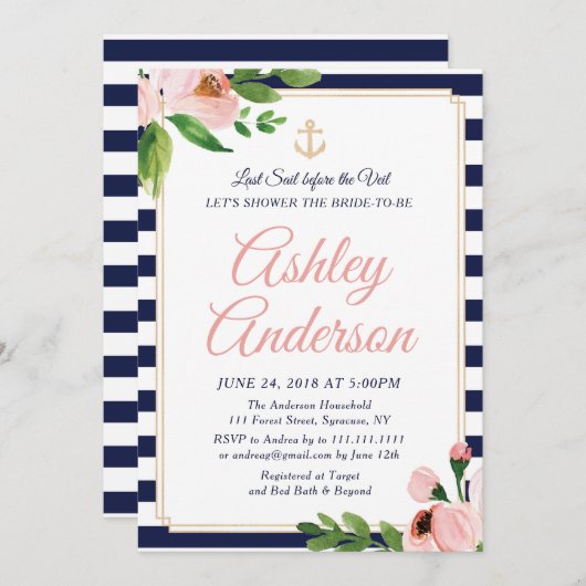 Uitnodiging voor nautische anker bruidsdouche (Voorkant / Achterkant)