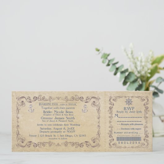 Uitnodiging voor nautische bruiloft  cruiseticket (Staand voorkant)