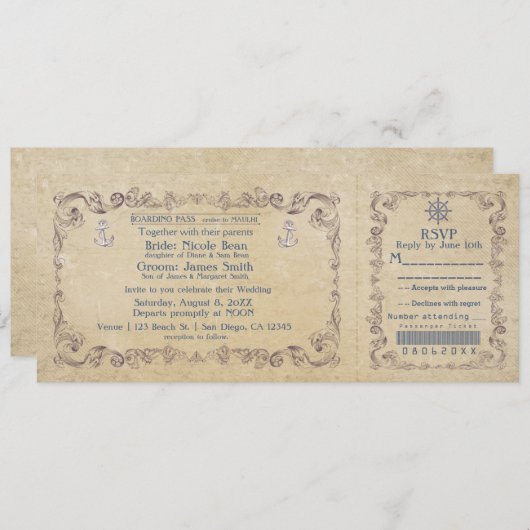 Uitnodiging voor nautische bruiloft cruiseticket (Voorkant / Achterkant)