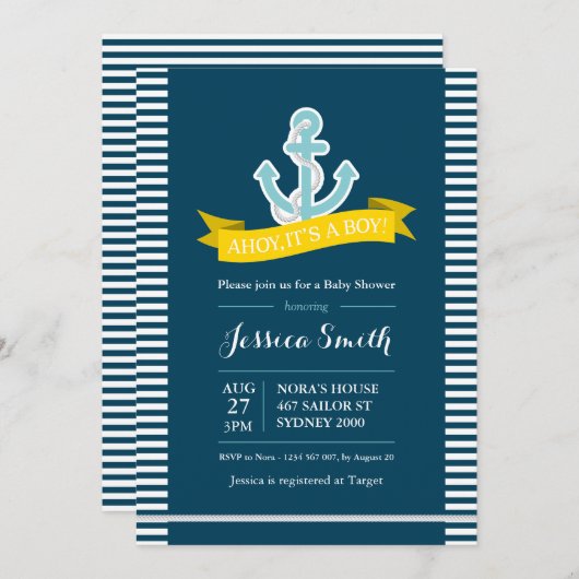 Uitnodiging voor nautische marine en geel Baby sho (Voorkant / Achterkant)