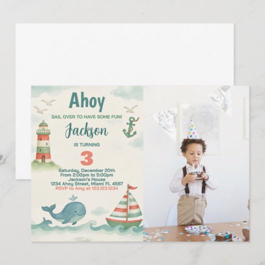 Uitnodiging voor nautische verjaardagsfeestjes met (Voorkant / Achterkant)