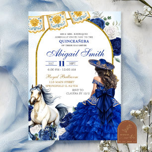 Uitnodiging voor Navy Blue Charra Rose Quinceanera