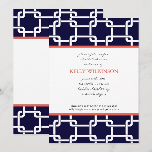 Uitnodiging voor Navy Blue en Coral Preppy (Voorkant / Achterkant)