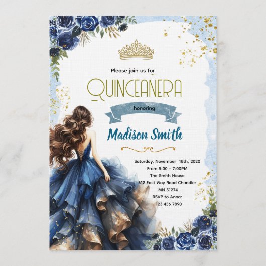 Uitnodiging voor Navy Blue Quinceanera (Voorkant)