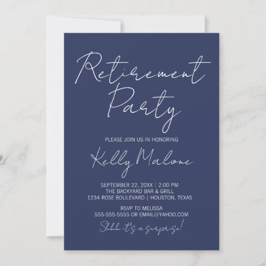 Uitnodiging voor Navy Blue Script Retirement Party (Voorkant)