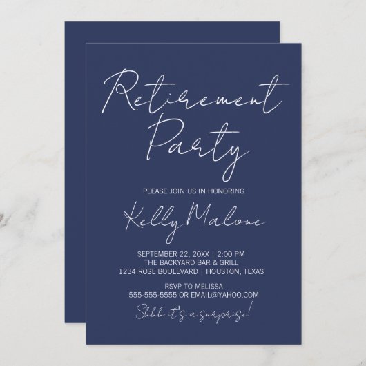Uitnodiging voor Navy Blue Script Retirement Party (Voorkant / Achterkant)