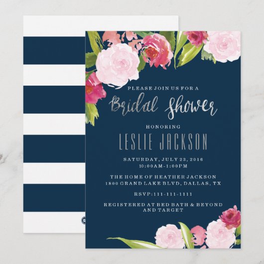 Uitnodiging voor Navy en Silver Bridal Shower (Voorkant / Achterkant)