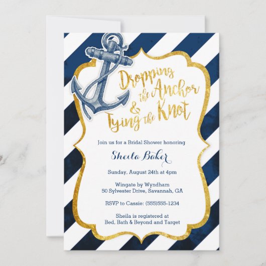 Uitnodiging voor Navy & Gold Nautical Bridal Showe (Voorkant)