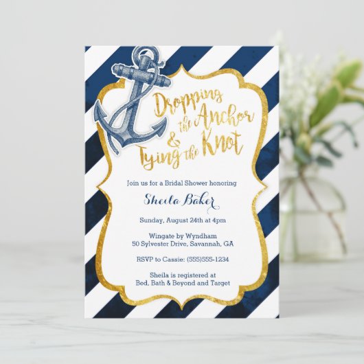 Uitnodiging voor Navy & Gold Nautical Bridal Showe (Staand voorkant)