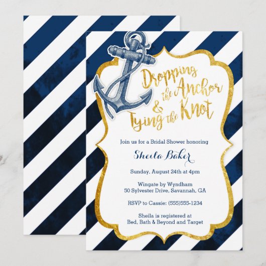 Uitnodiging voor Navy & Gold Nautical Bridal Showe (Voorkant / Achterkant)