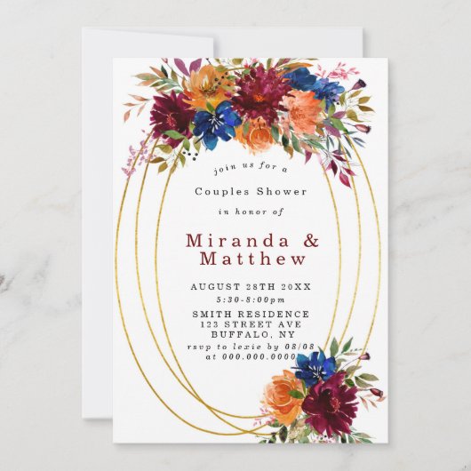 Uitnodiging voor Navy Marsala Oranje Bloemenkoppel (Voorkant)