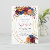 Uitnodiging voor Navy Marsala Oranje Bloemenkoppel (Staand voorkant)