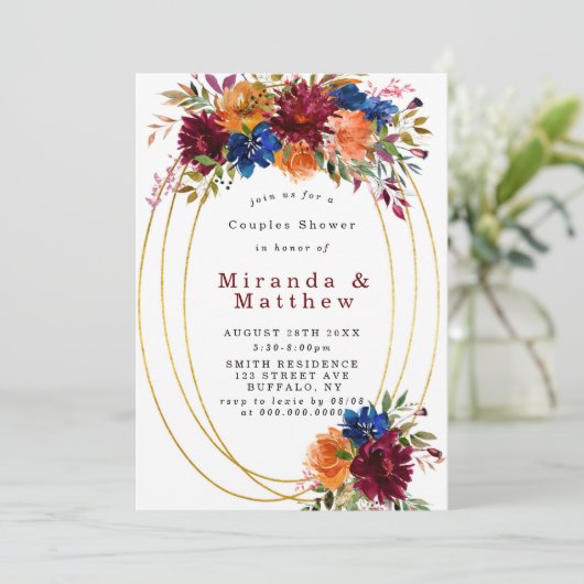 Uitnodiging voor Navy Marsala Oranje Bloemenkoppel (Staand voorkant)