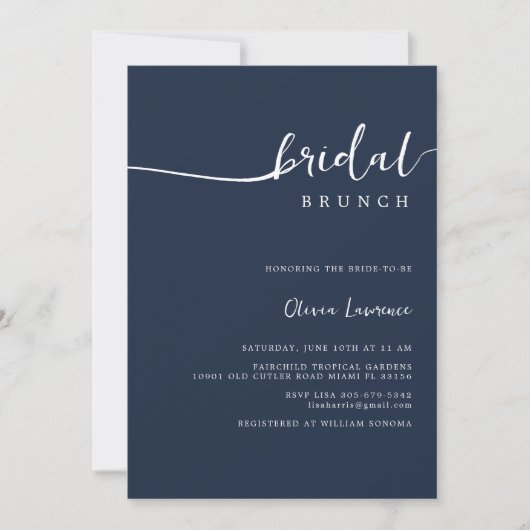 Uitnodiging voor Navy Script Bridal Brunch (Voorkant)