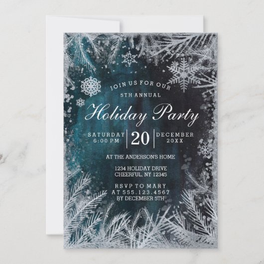 Uitnodiging voor Navy & Silver Snow Holiday Party (Voorkant)