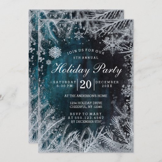Uitnodiging voor Navy & Silver Snow Holiday Party (Voorkant / Achterkant)
