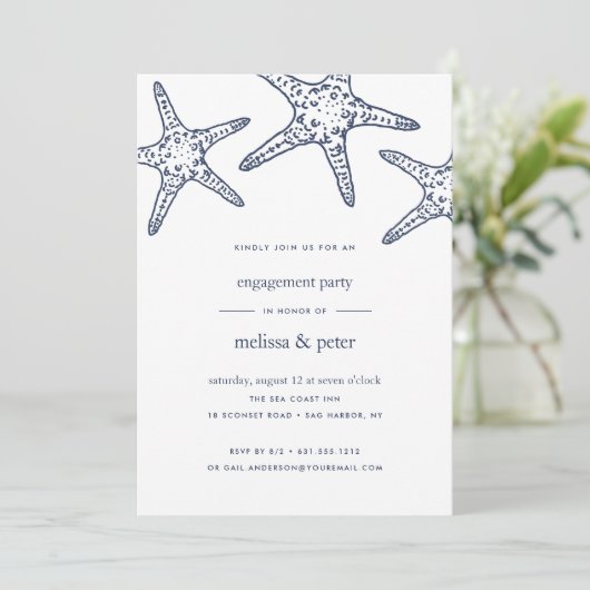Uitnodiging voor Navy & White Starfish Engagement (Staand voorkant)