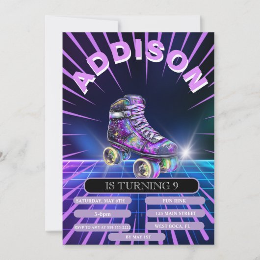 Uitnodiging voor neon roller skating feest (Voorkant)