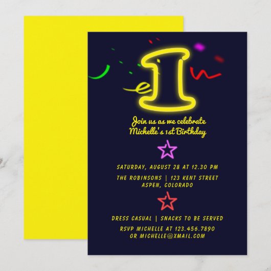 Uitnodiging voor neon verjaardagsfeestje (Voorkant / Achterkant)