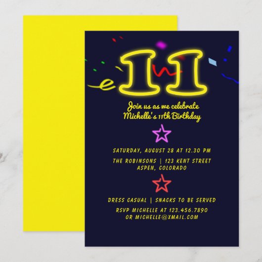 Uitnodiging voor neon verjaardagsfeestje voor elfj (Voorkant / Achterkant)