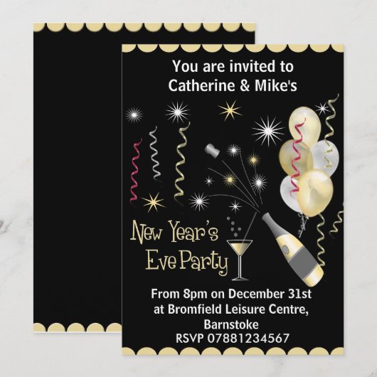 Uitnodiging voor nieuwe jaren - zwart en goud (Voorkant / Achterkant)