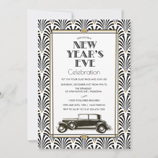Uitnodiging voor nieuwjaarsdag Art Deco Gatsby (Voorkant)