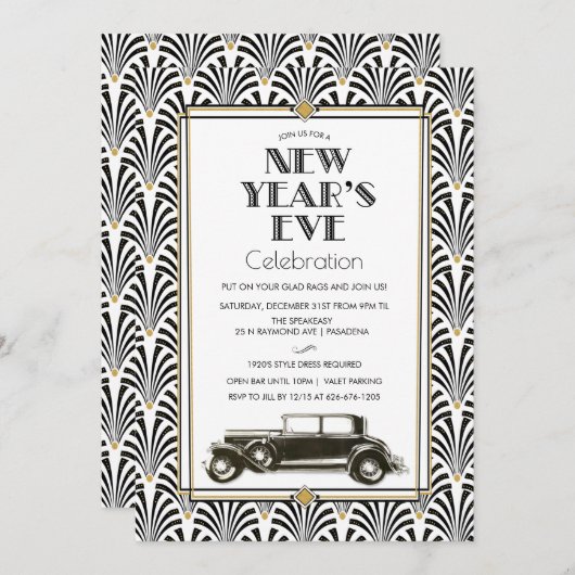 Uitnodiging voor nieuwjaarsdag Art Deco Gatsby (Voorkant / Achterkant)