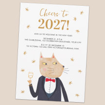 Uitnodiging voor Nieuwjaarsfeest met kat in smokin