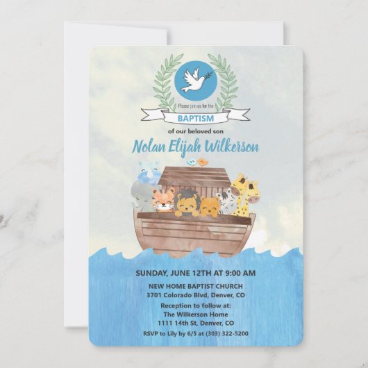 Uitnodiging voor Noah's Ark Doop (Voorkant)