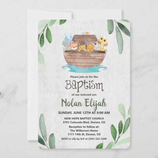 Uitnodiging voor Noah's Ark Doop (Voorkant)