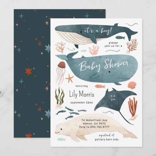 Uitnodiging voor Ocean Animals Baby Shower (Voorkant / Achterkant)