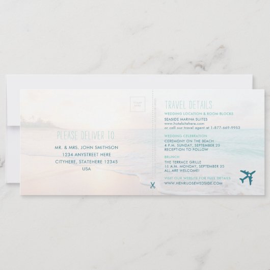 Uitnodiging voor Ocean Sun Beach Wedding met RSVP (Achterkant)