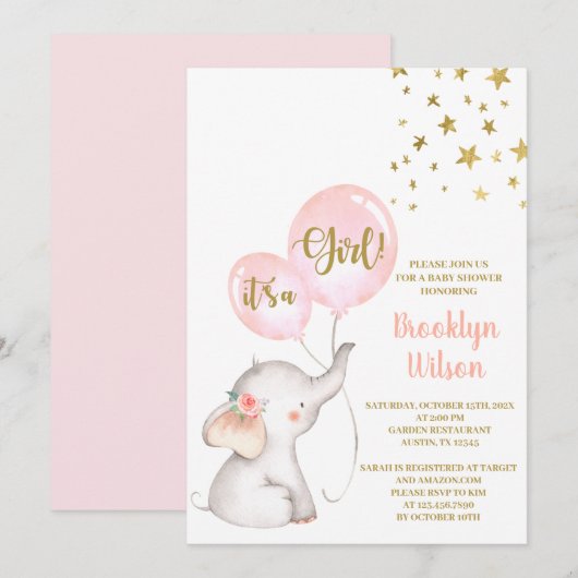 Uitnodiging voor olifant meisje baby shower (Voorkant / Achterkant)