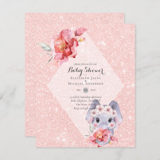 UITNODIGING VOOR OLIFANTJE BABY MEISJE SHOWER MET  (Voorkant / Achterkant)