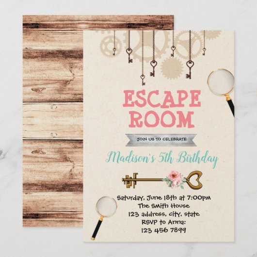 Uitnodiging voor ontsnappingspaneel voor meisje (Voorkant / Achterkant)