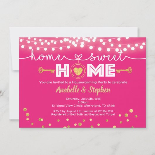 Uitnodiging voor opwarende partij Hete roze en gou (Voorkant)