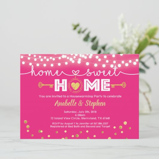 Uitnodiging voor opwarende partij Hete roze en gou (Staand voorkant)