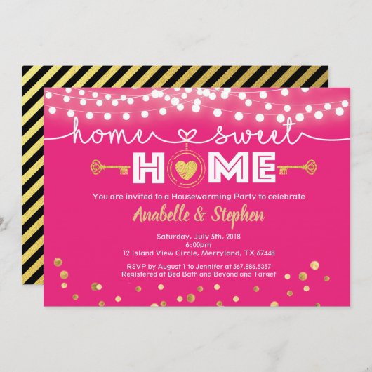 Uitnodiging voor opwarende partij Hete roze en gou (Voorkant / Achterkant)