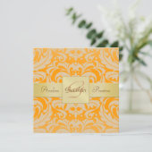 Uitnodiging voor Oranje Damask Monogram Ribbon (Staand voorkant)