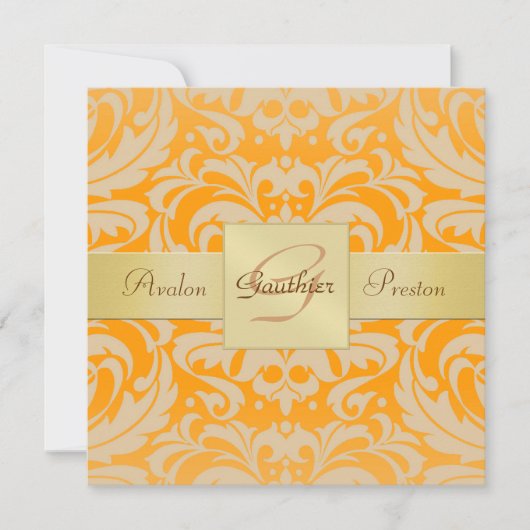 Uitnodiging voor Oranje Damask Monogram Ribbon (Voorkant)