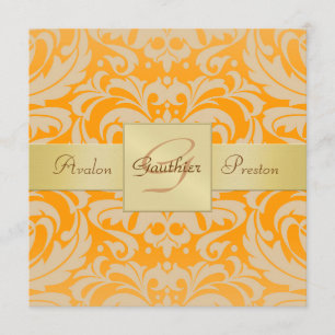 Uitnodiging voor Oranje Damask Monogram Ribbon
