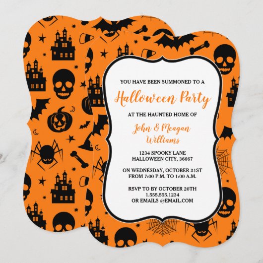 Uitnodiging voor Oranje en zwarte Halloween-partij (Voorkant / Achterkant)